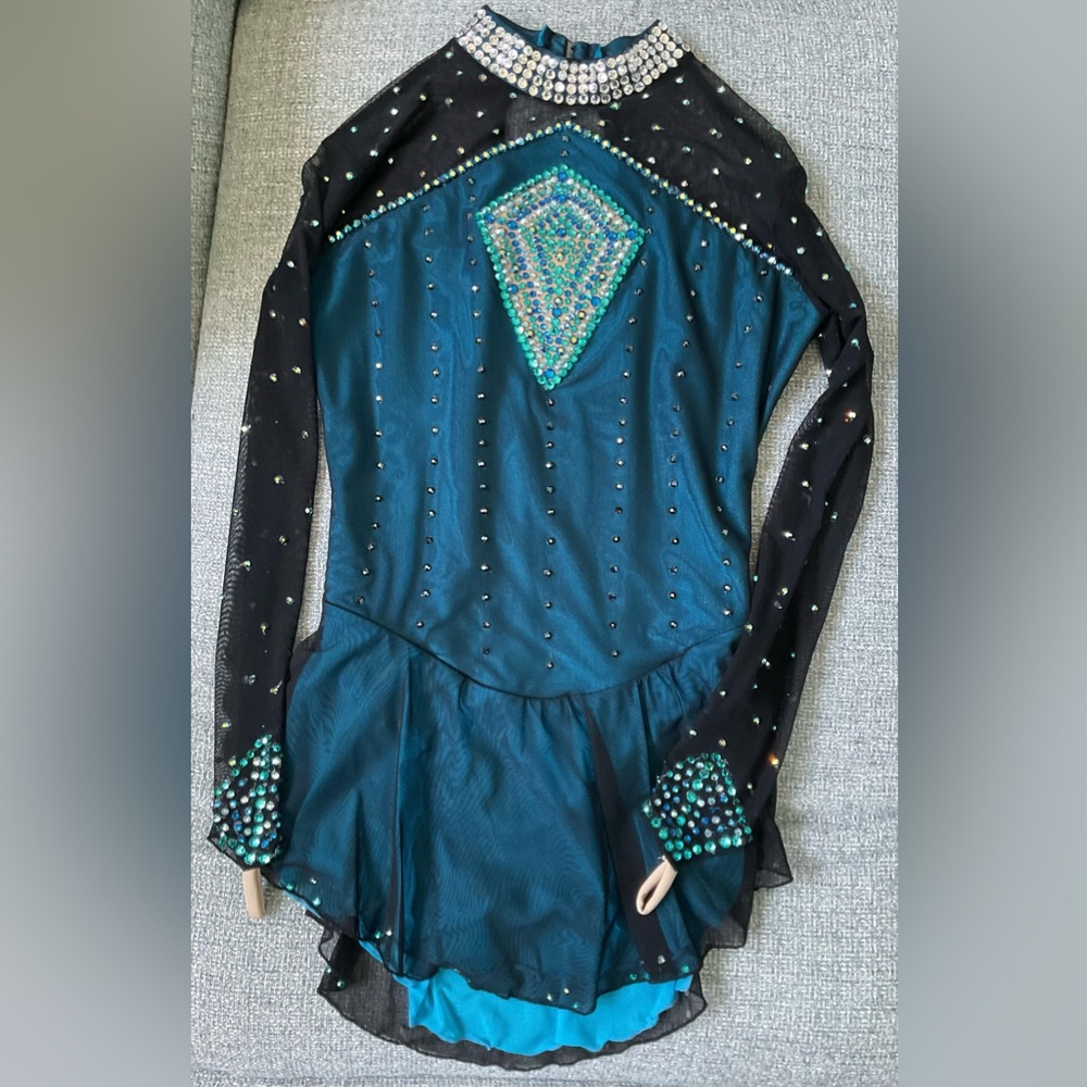 Custom Deep Teal Ice Skating Dress Crystals Blue Black Mesh Sparkly Collar